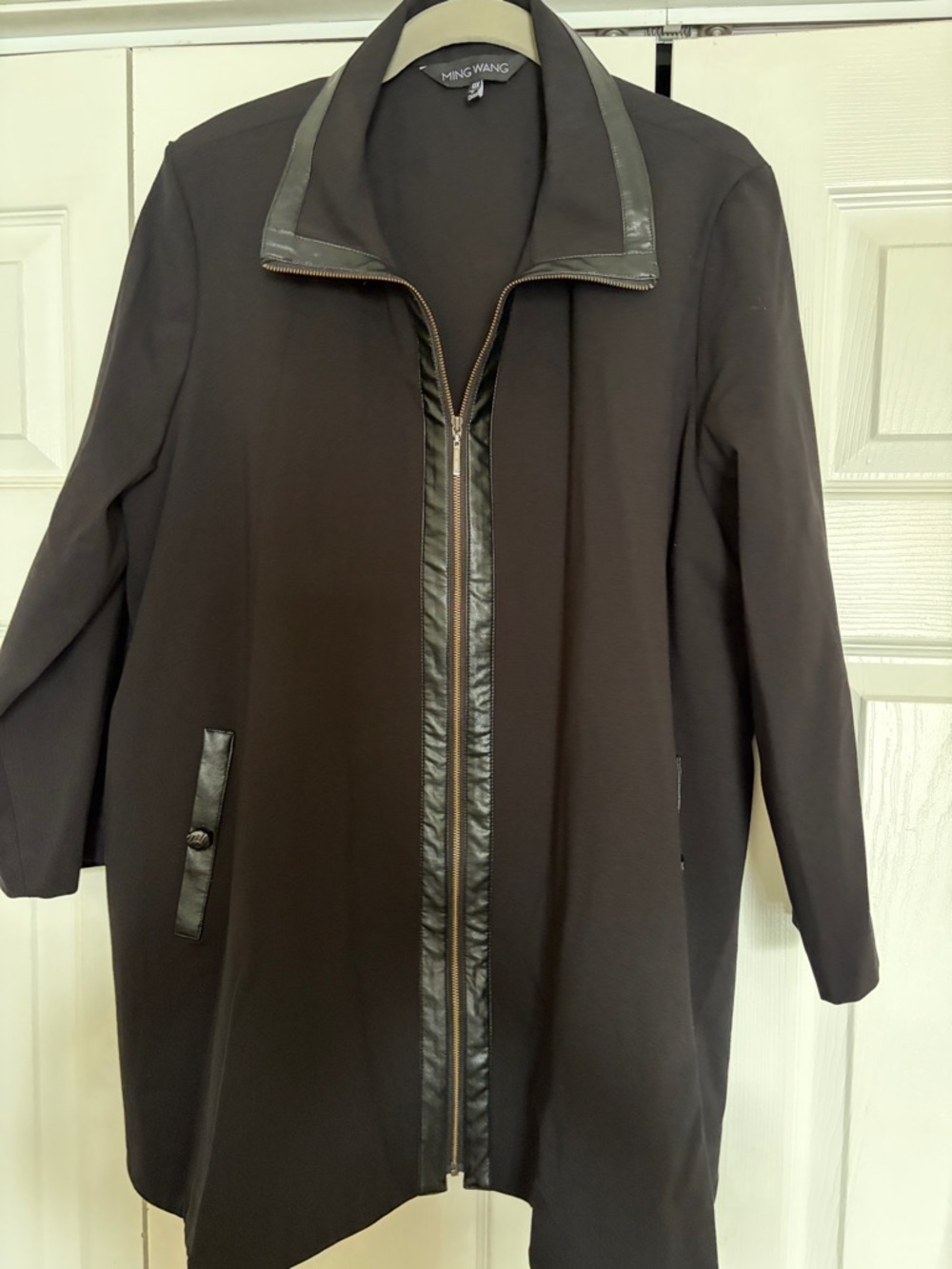 Ming Wang Black Zip-Front Trench Coat with Faux Leather Trim